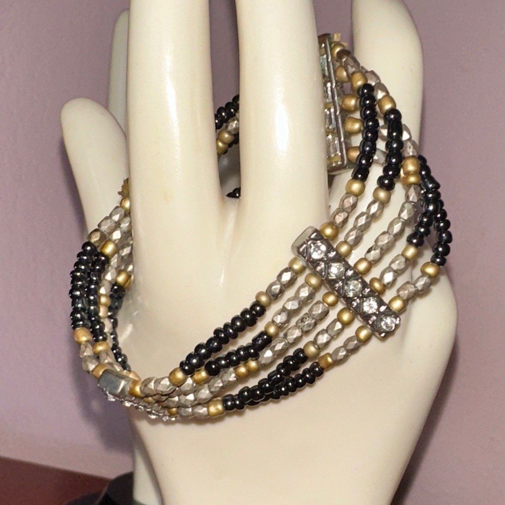 Five Strand Gray, Gold & Silver‎ Beaded Stretch Bracelet with Rhinestone Accents
